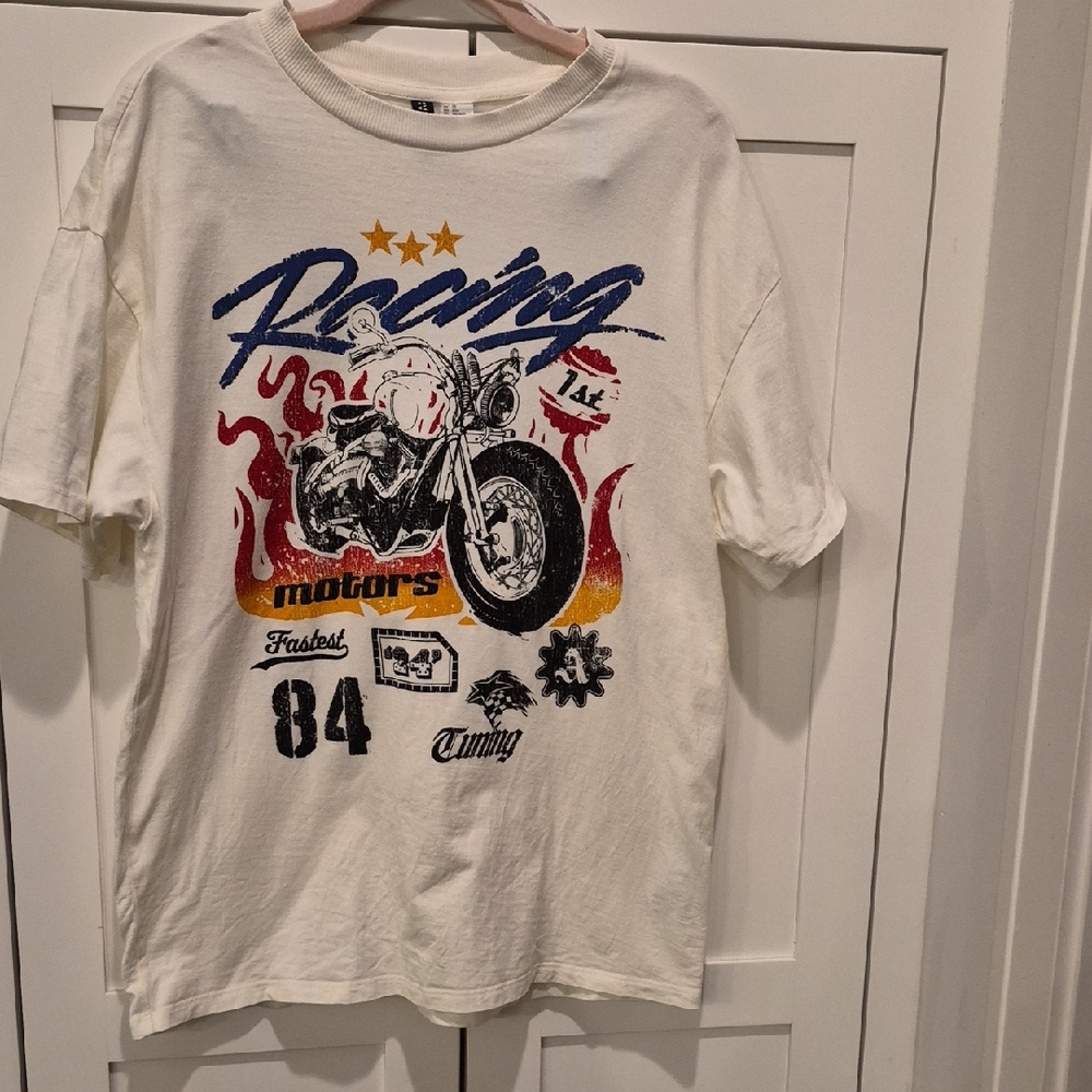 H&M Divided Womens Racing Motorcycle T-Shirt - Cream